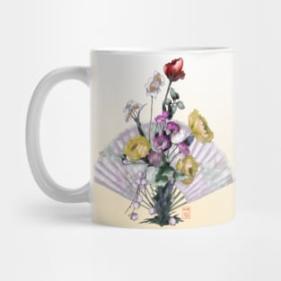 Yellow watercolor peonies and a red rose ikebana with a folding chinese fan Mug